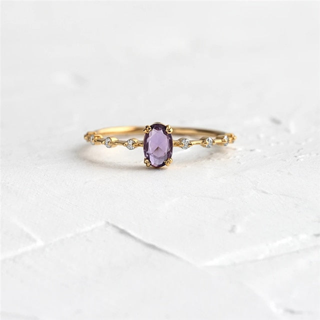Aide 925 Sterling Silver Gold Single Round Zircon Crystal Ring