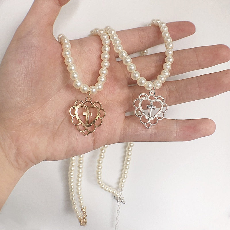 Retro Girl Hollow Love Cross Pendant Pearl Necklace