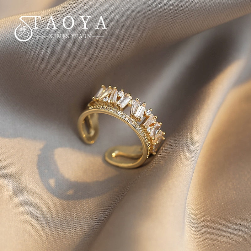 Luxury Zircon Gold Color Double Student Open Rings