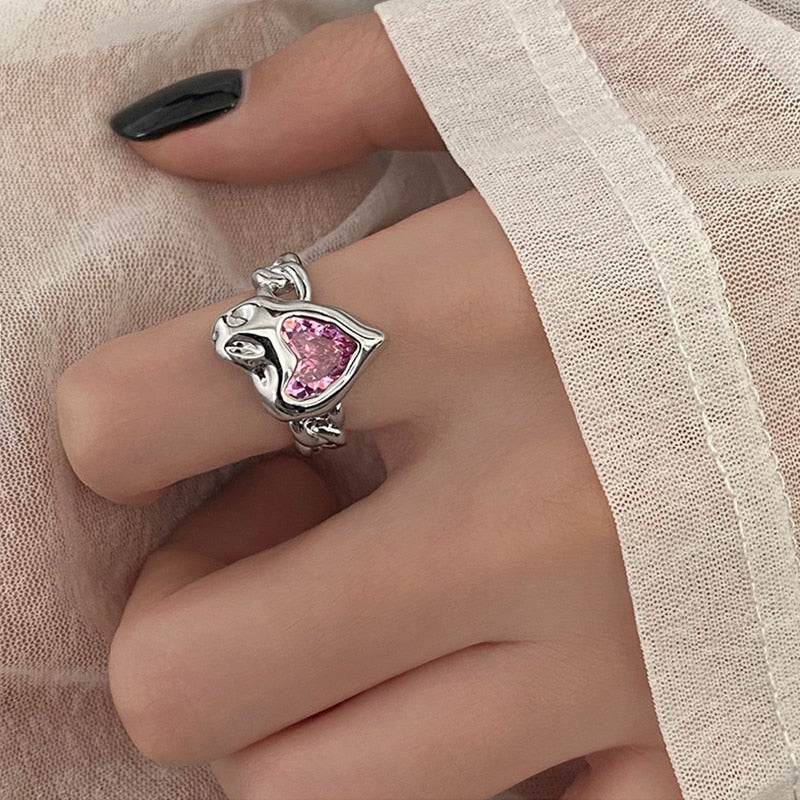 Pink Crystal Irregular Heart Ring Y2K Creative Blue Opal Broken Heart Ring