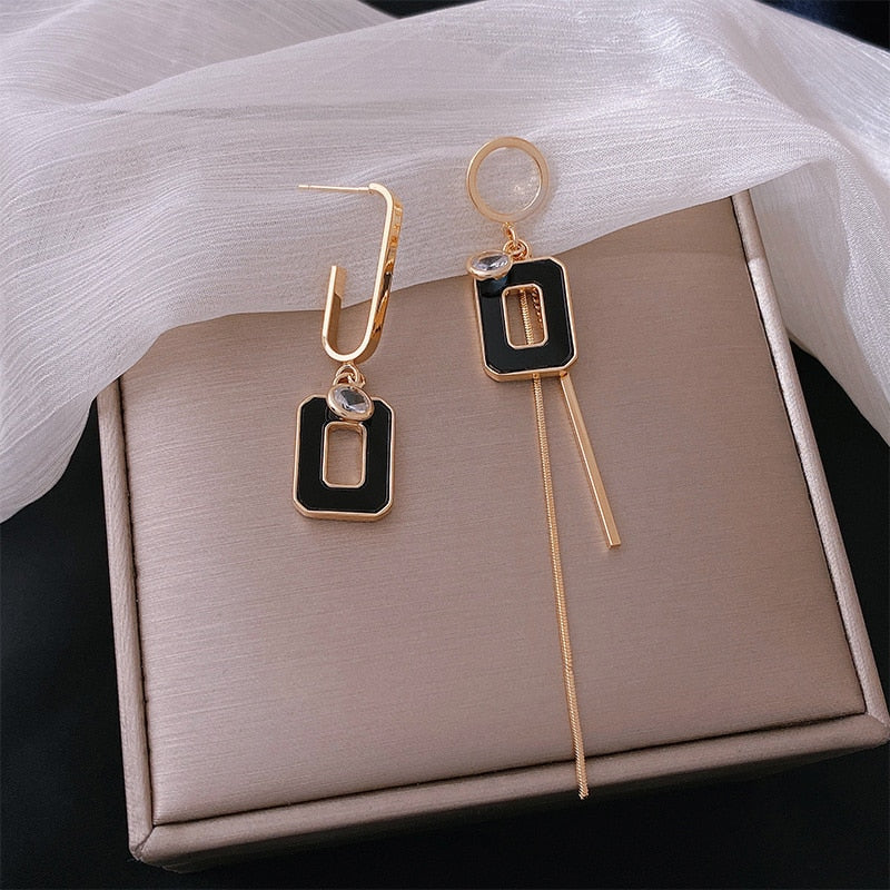 Long Statement Asymmetry Round Geometric Rectangle Black Crystal Earrings