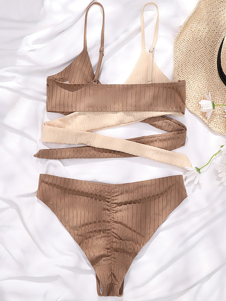INGAGA Cross Wrap Ribbed Bikini Patchwork Swimwear