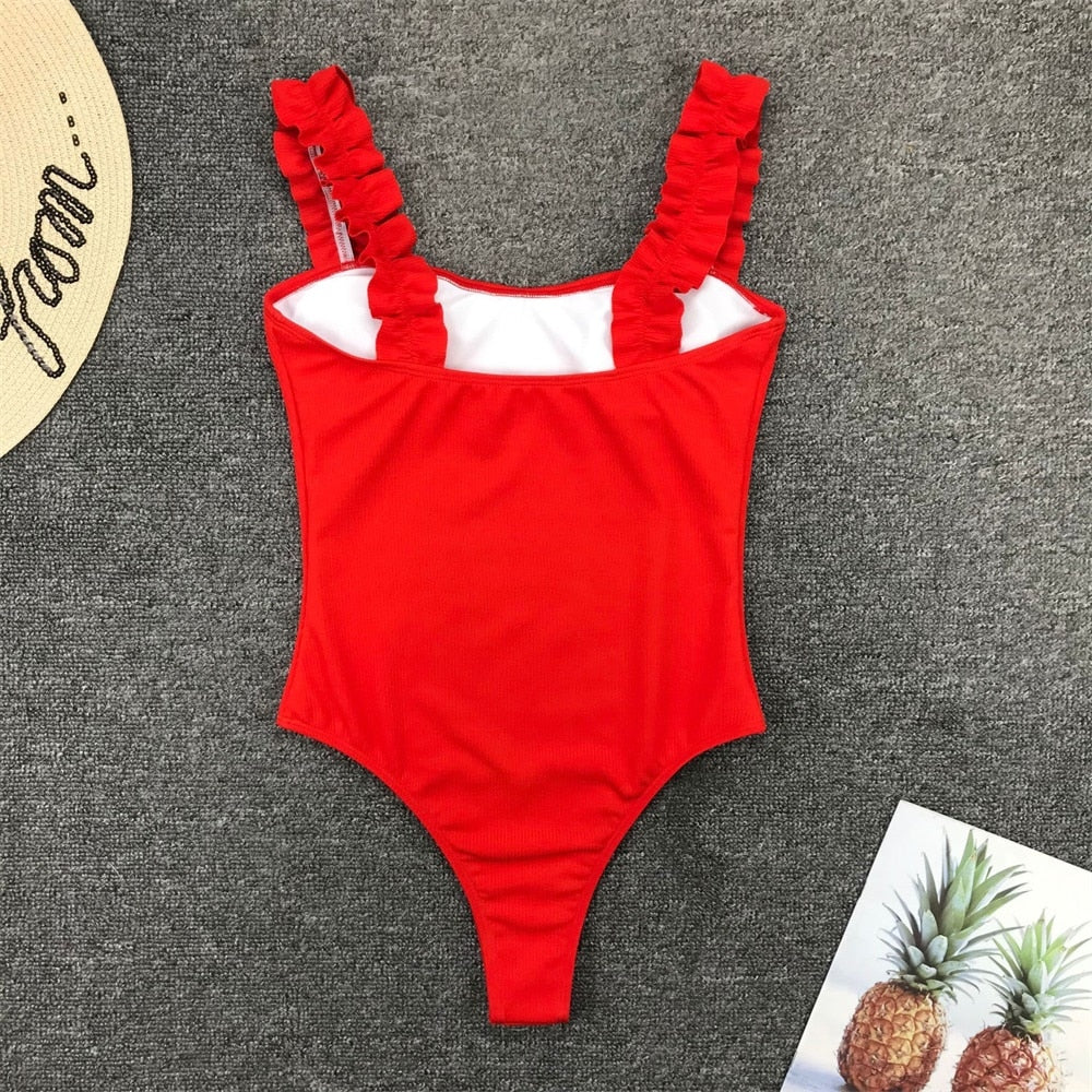 Vintage One Piece Ruffled Push Up Solid Red Swimwear - Jeglowstore
