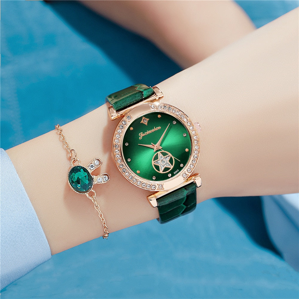 Luxury Diamond Studded Quartz Leather Watch