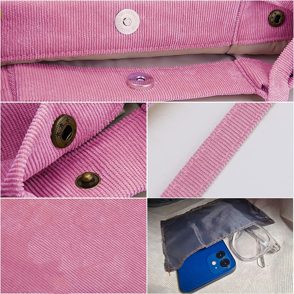 Women Corduroy Shoulder Shopping Bag with Button Eco Organizer