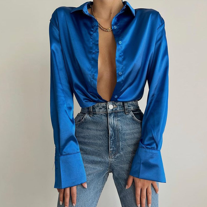 Vintage Elegant Satin Silk Shirt Long Sleeve Blouse