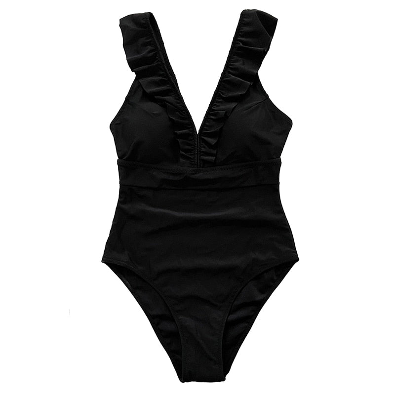 One Piece Striped Ruffled Vintage Print Swimsuit