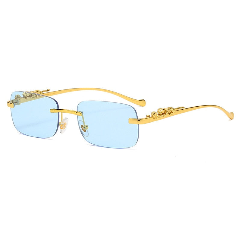 New Rimless Rectangle Vintage Metal Leopard Head Sunglasses
