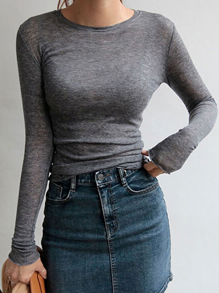 Slim High Quality Long Sleeve Sexy Thin T-shirt see through