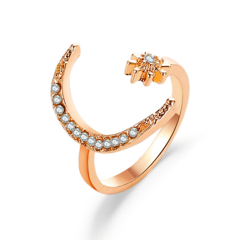 Zircon Moon Star Stainless Steel Adjustable Finger Ring