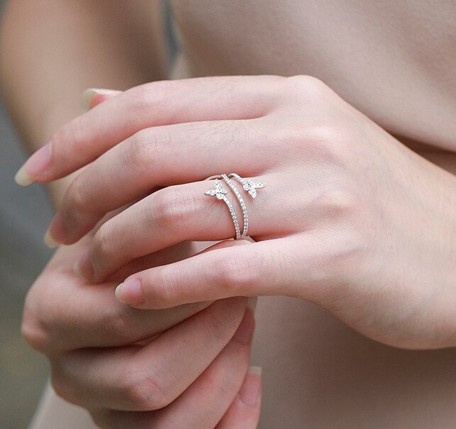 2022 NEW Fashion Double Butterfly Silver Clear Zircon Lab Diamond Ring