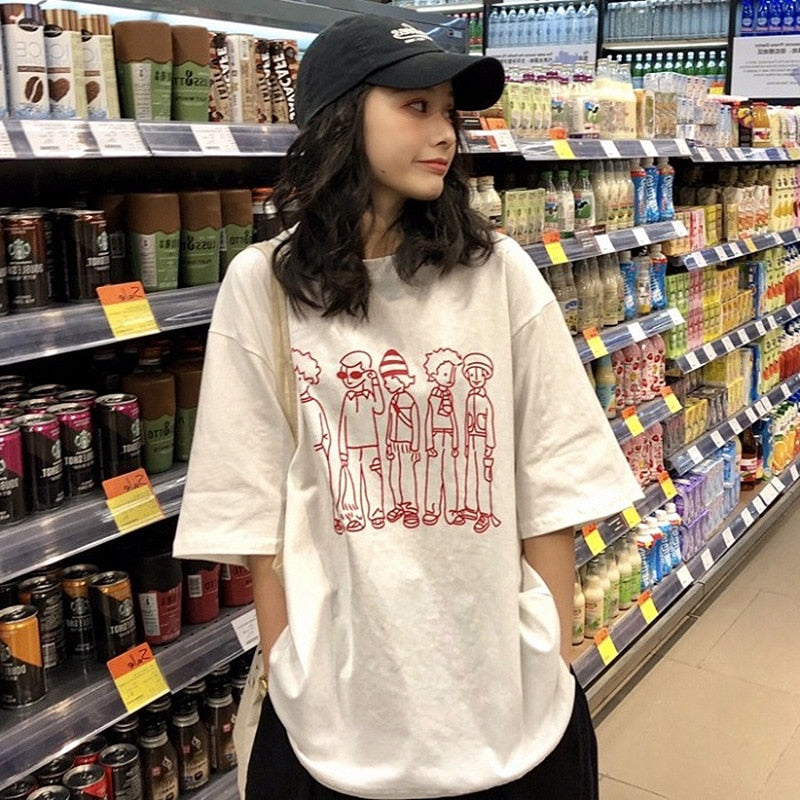 Harajuku Basiese Grafiese Oorgroot Soliede Tees Toevallige T-hemp Vroue