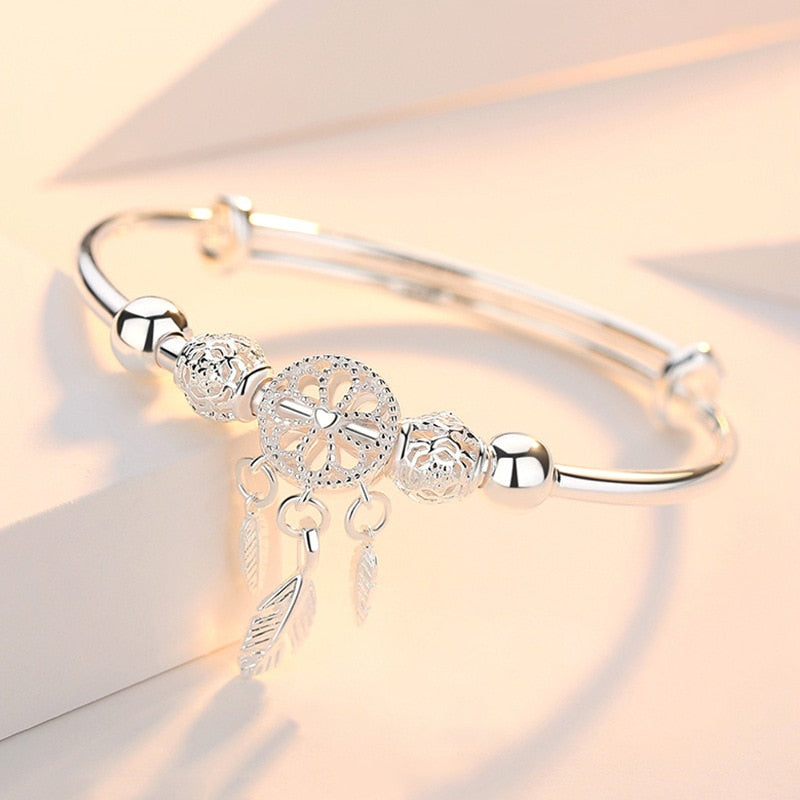925 Sterling Silver Dreamcatcher Tassel Feather lucky Bead Bracelet