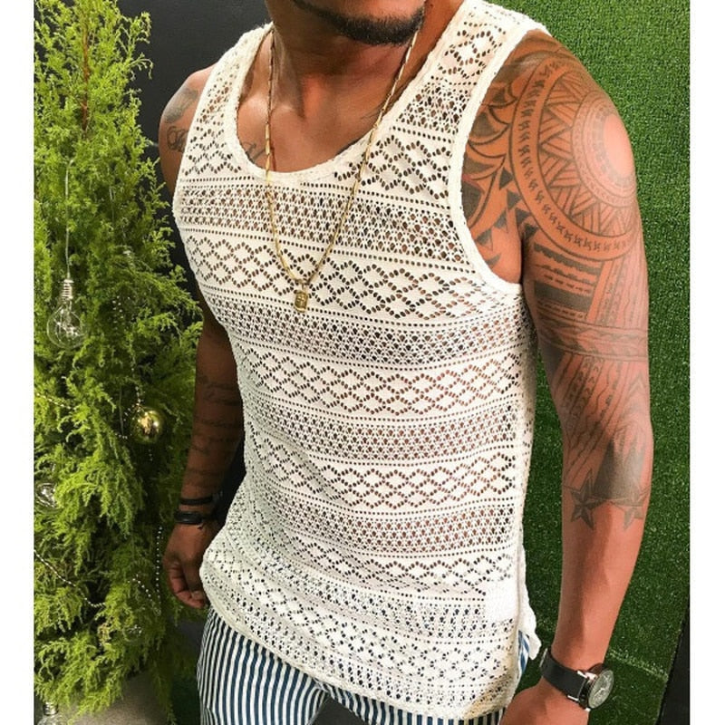 Lace Hollow Out Slim Fit Sleeveless Shirt