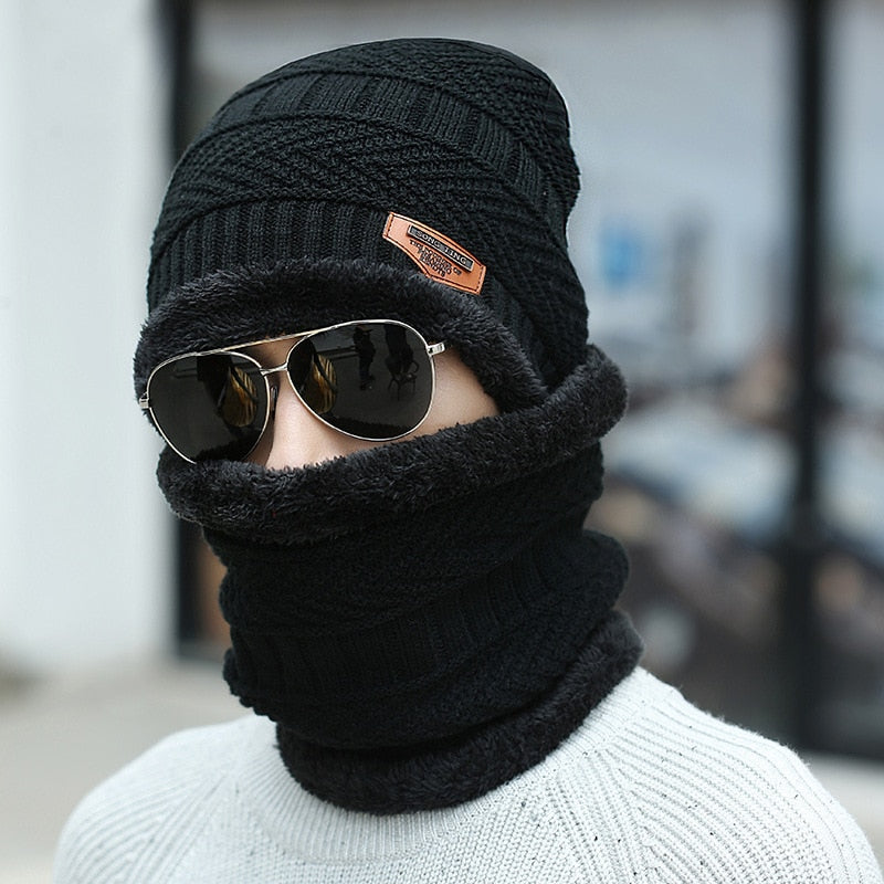 Thick Wool Neck Scarf Cap Balaclava Mask Bonnet Hats Set Unisex