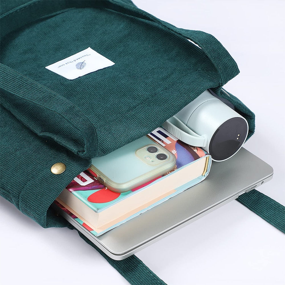 Women Corduroy Shoulder Shopping Bag with Button Eco Organizer