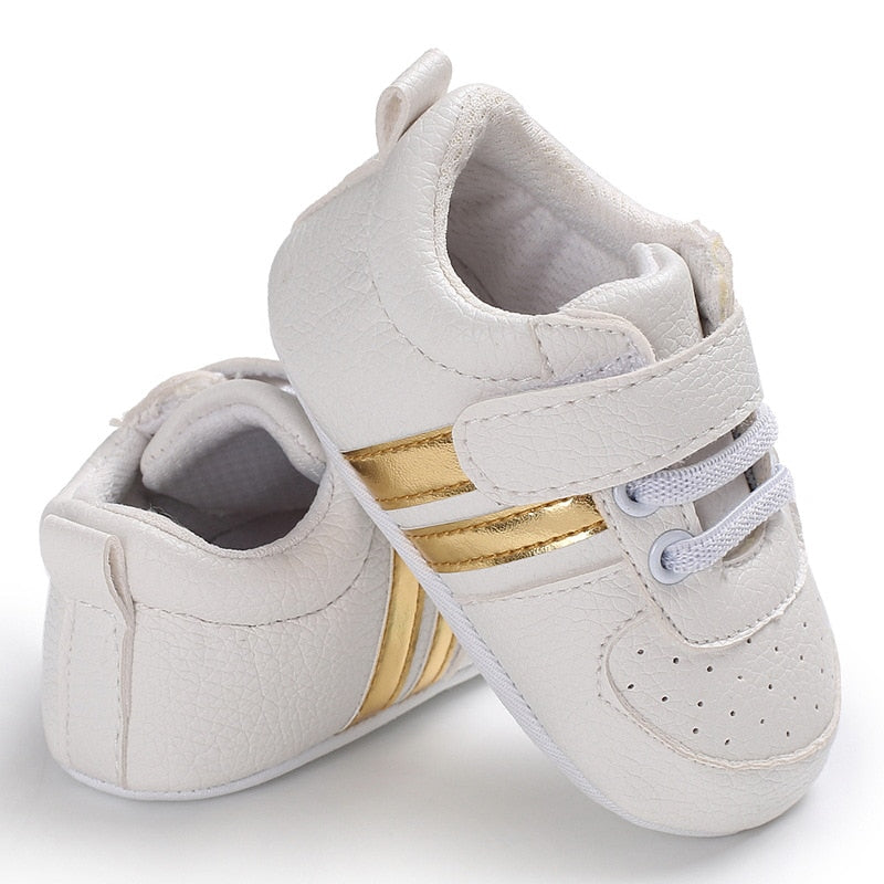 Baby Shoes Newborn Boys Sneaker Girls Two Striped First Walkers Kids Toddlers Lace Up PU Leather Soft Soles Sneakers 0-18 Months - Jeglowstore