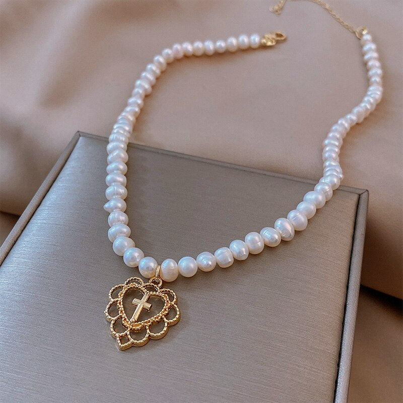 Retro Girl Hollow Love Cross Pendant Pearl Necklace