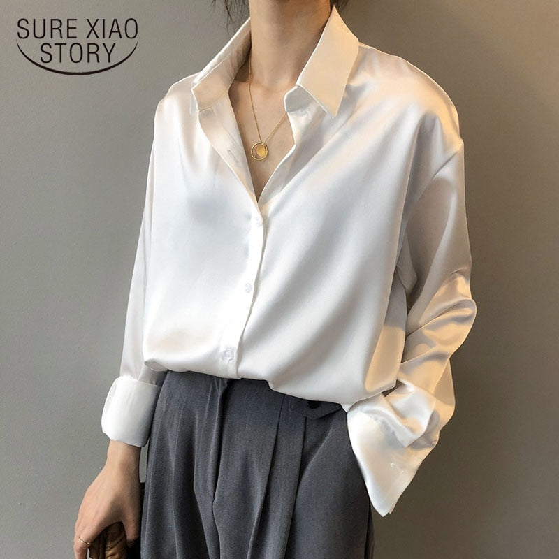 Autumn Fashion Button Up Satin Silk Shirt Vintage Blouse Women - Jeglowstore