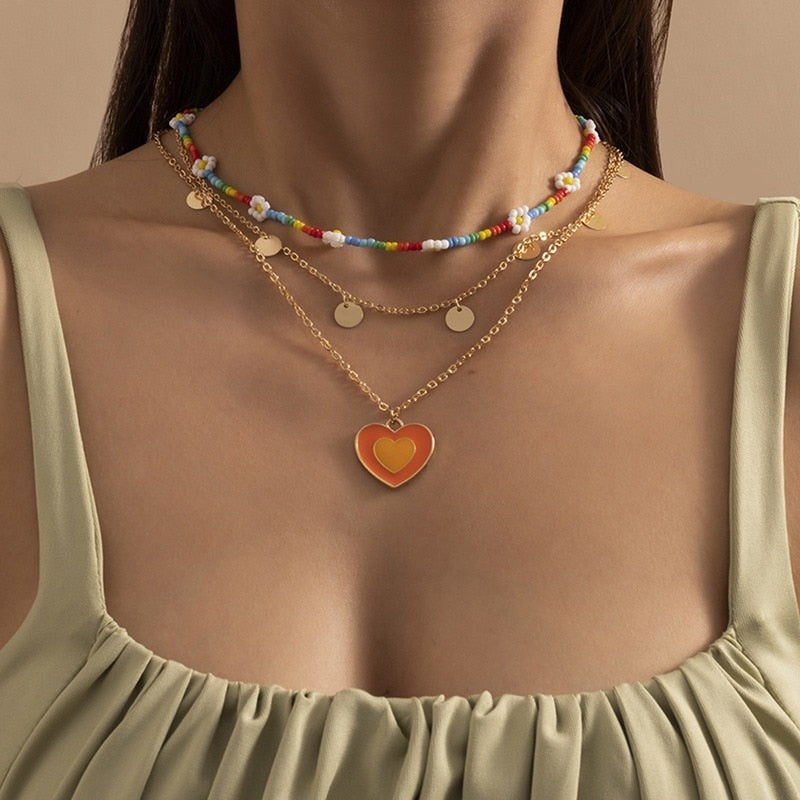 Bohemian Colorful Beads Shell Heart Layered Necklace For Women
