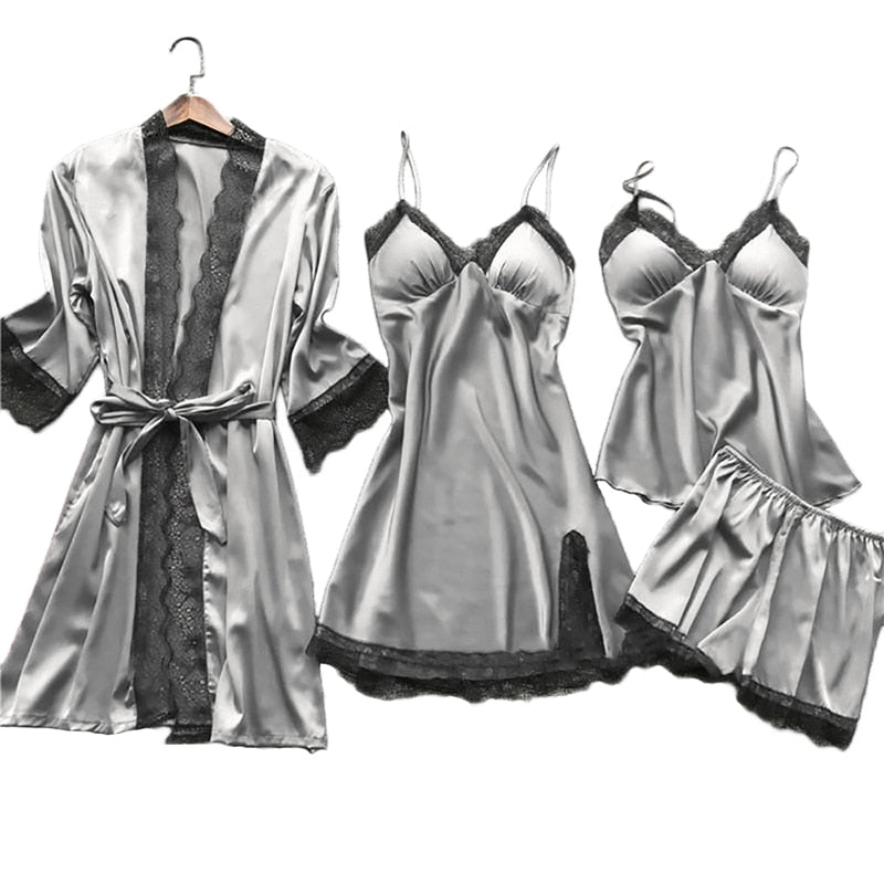 Silk 4-piece Nightwear Ladies Solid Color Strap Lace Pajamas with Chest Pads