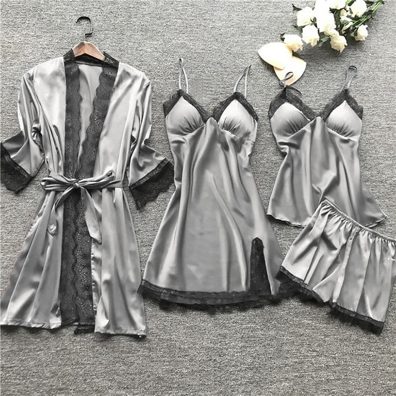 Silk 4-piece Nightwear Ladies Solid Color Strap Lace Pajamas with Chest Pads