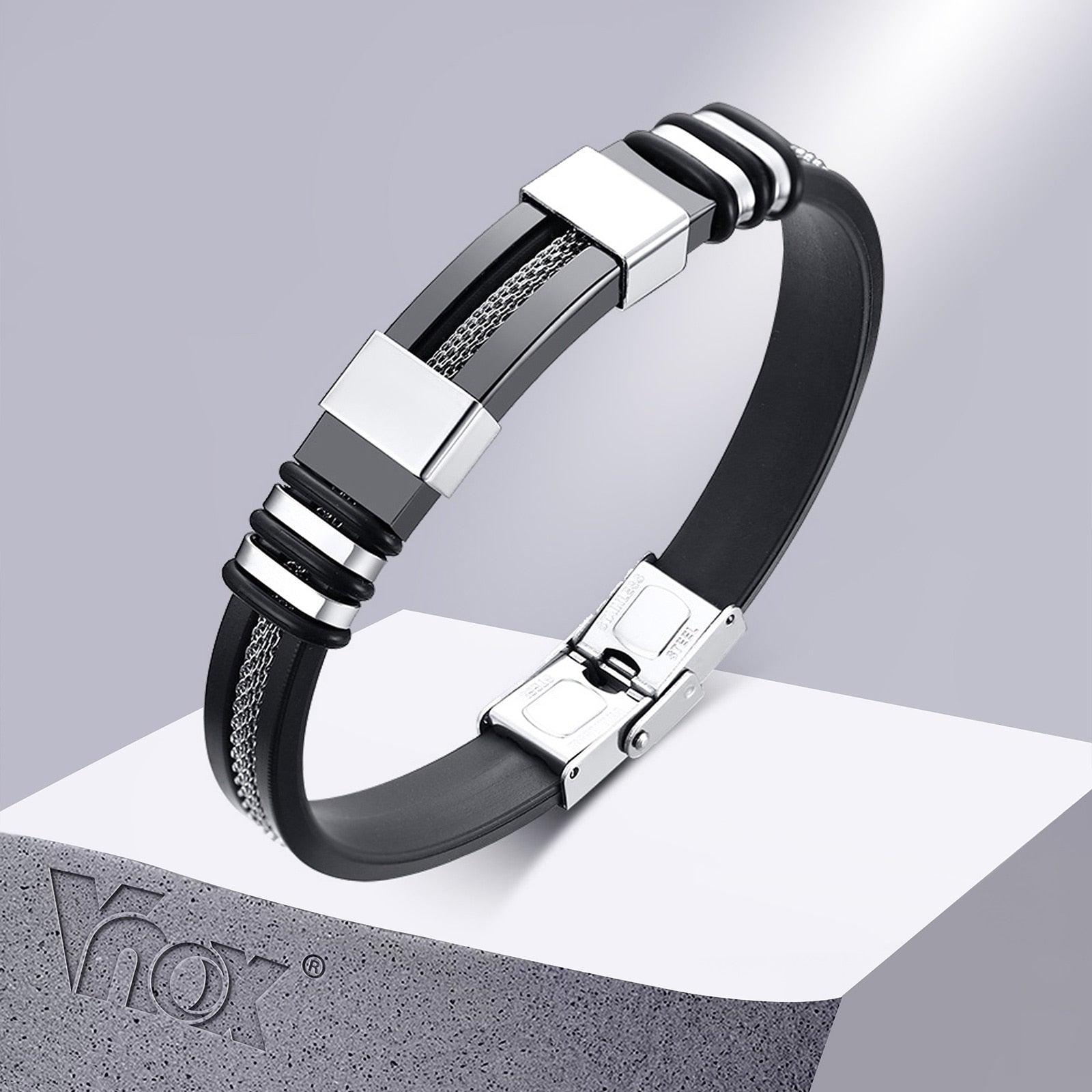 Black Grooved Rudder Silicone Mesh Link Stainless Steel Bracelet
