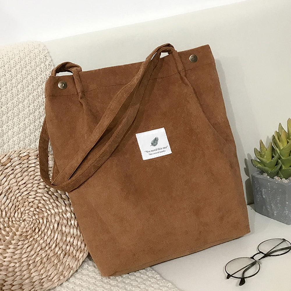 Women Corduroy Shoulder Shopping Bag with Button Eco Organizer