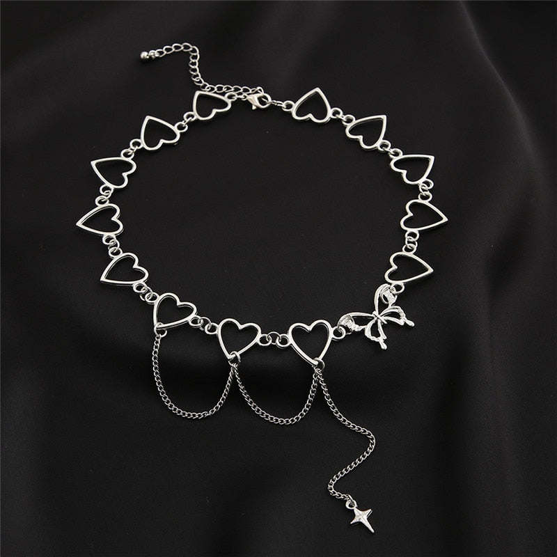 Kpop Vintage Metal Heart Neck Chains Choker Grunge Necklaces