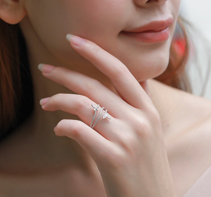 2022 NEW Fashion Double Butterfly Silver Clear Zircon Lab Diamond Ring