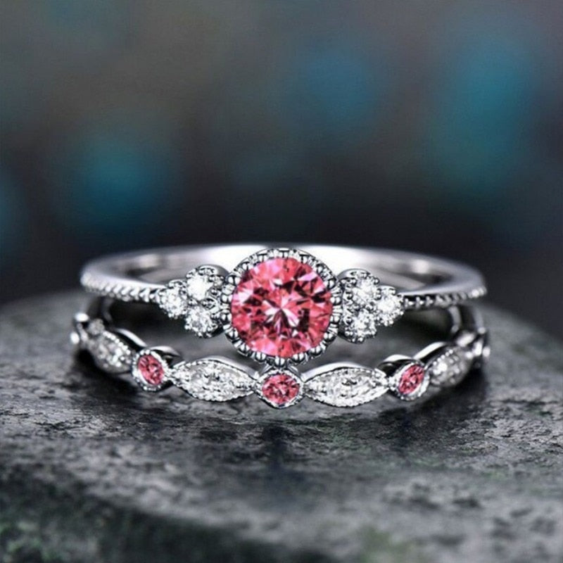 2Pcs/Set Classic Silver Plated Cut Created Birthstone Delicate Ring