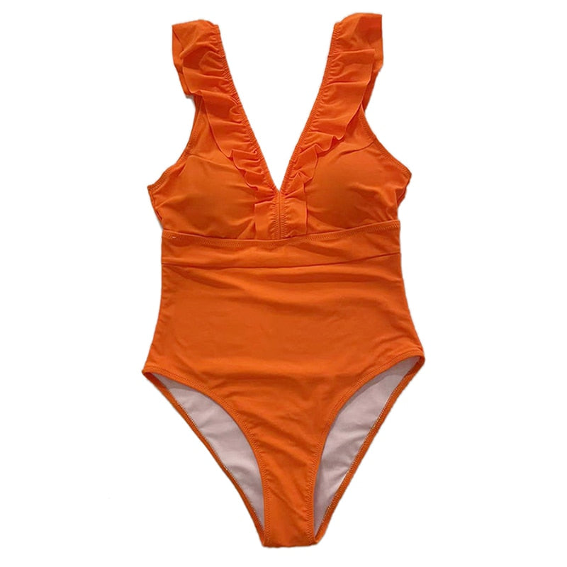One Piece Striped Ruffled Vintage Print Swimsuit