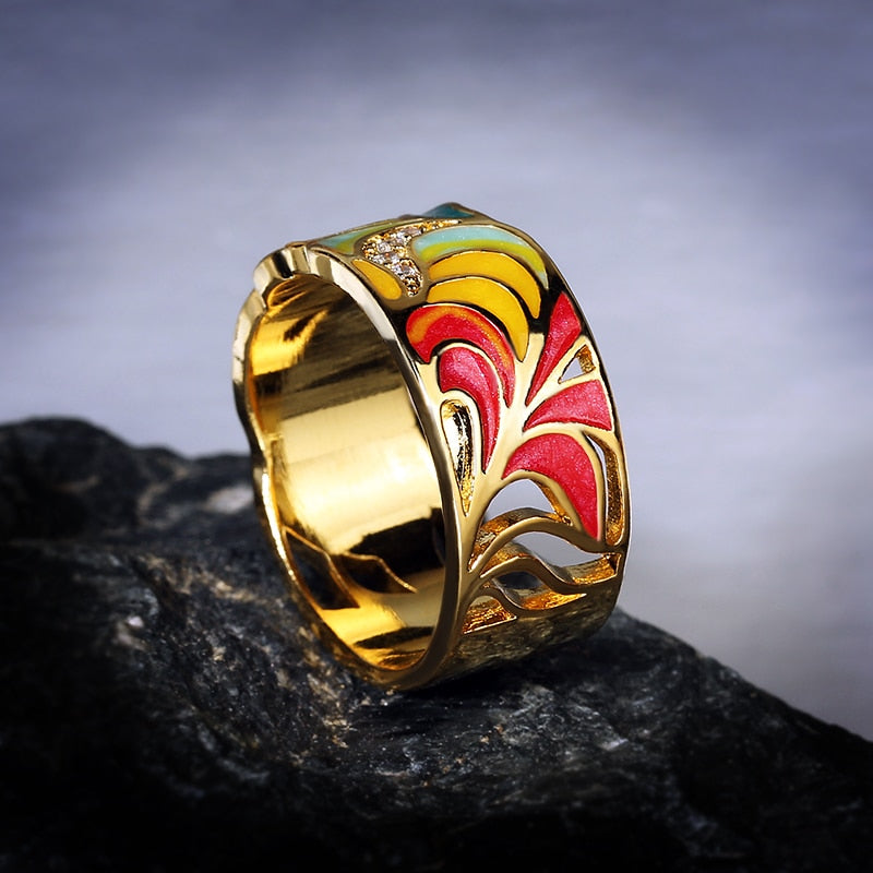 New Ladies Ring for Women 925 Silver Plated Fashion Ring Golden Color Feather Zircon Ring Party Jewelry Enamel Handmade