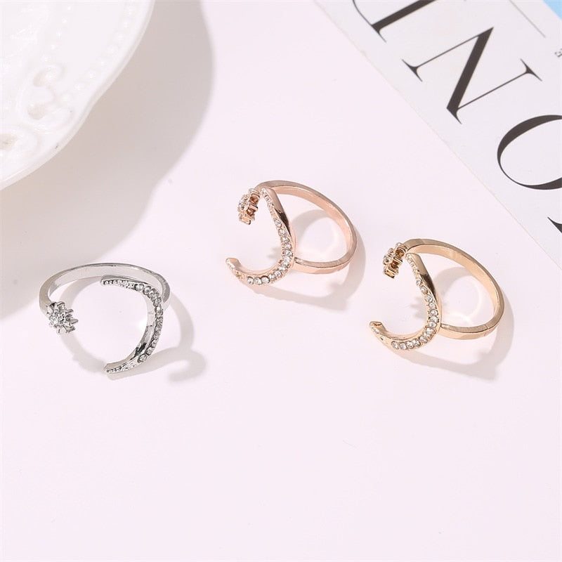 Zircon Moon Star Stainless Steel Adjustable Finger Ring