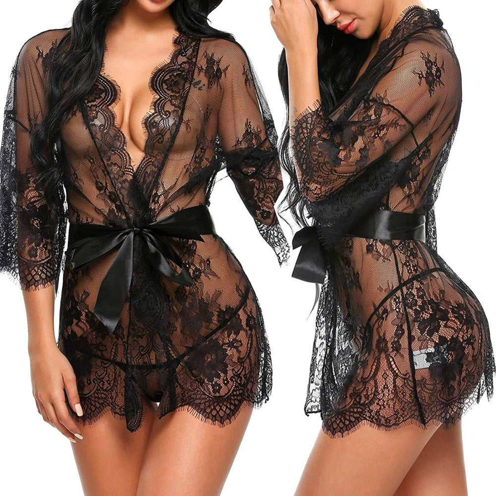 Bandage Deep V G-String See Through Sexy Sheer Sleep Dress Robe