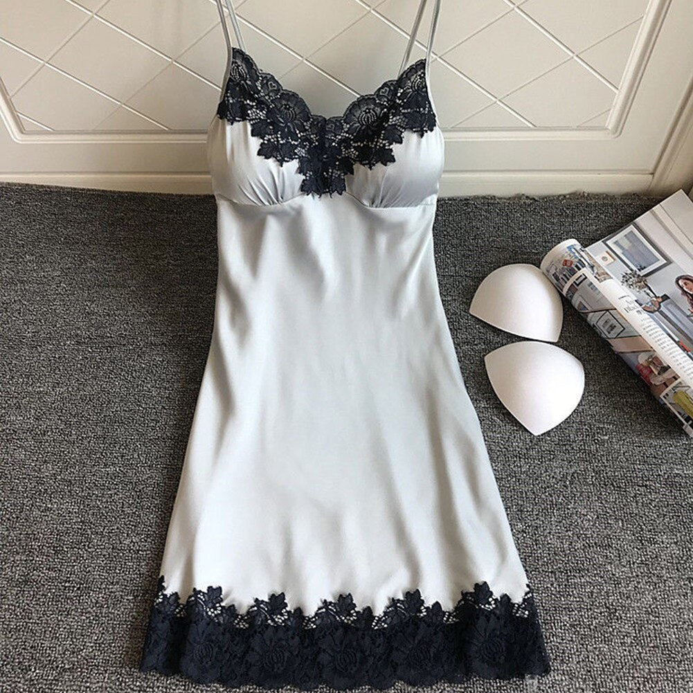 V-neck Ladies Sexy Silk Satin Night Dress Sleeveless Nighty