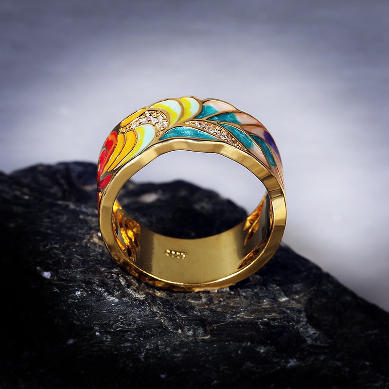 New Ladies Ring for Women 925 Silver Plated Fashion Ring Golden Color Feather Zircon Ring Party Jewelry Enamel Handmade