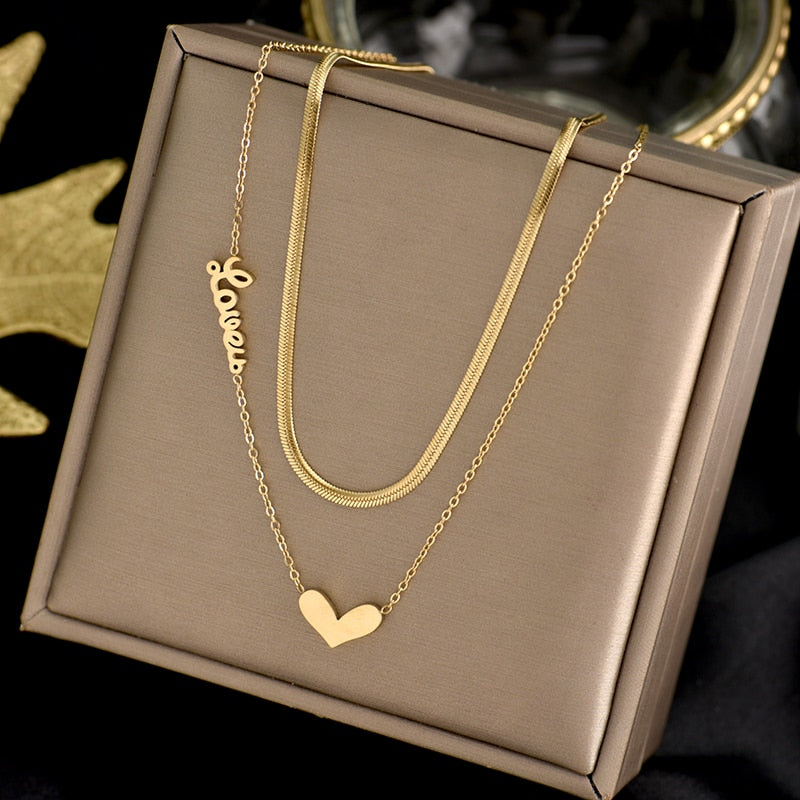 Shiny Bling Zircon Double Layer Heart Clavicle Chain Necklace