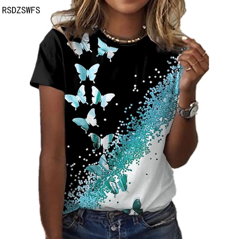Nuwe Skoenlapper 3D-blommedruk ronde nek Casual Lady T-hemp