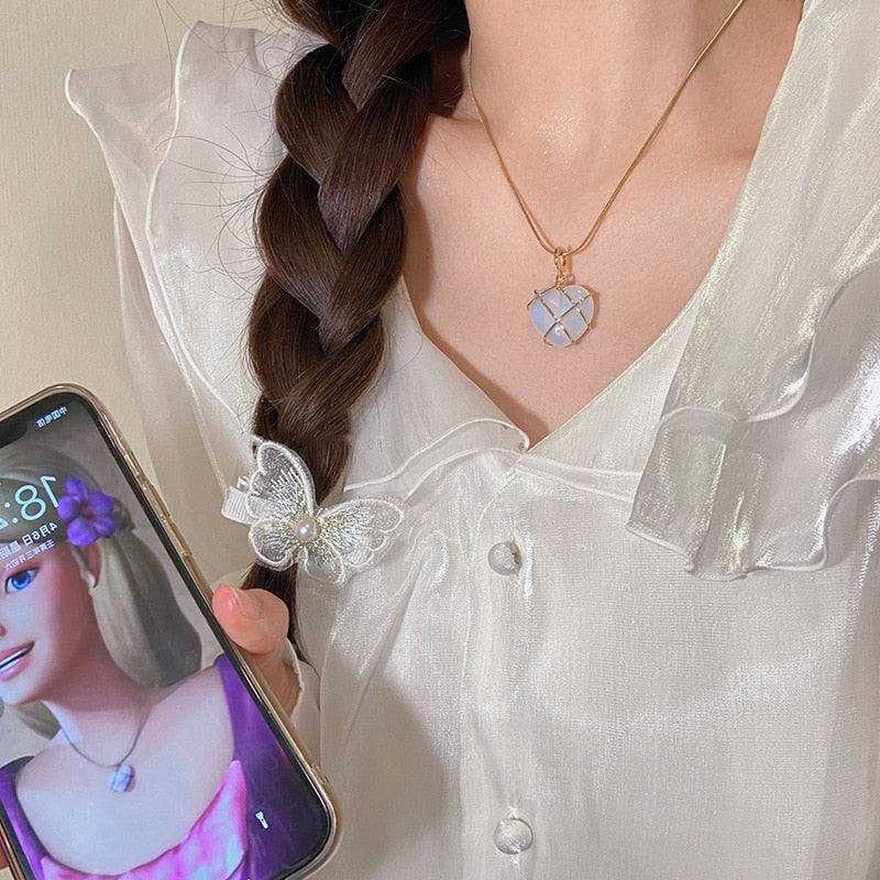 Heart Opal Powder Diamond Castle Necklace