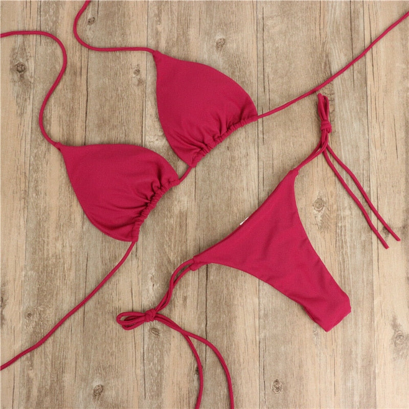 Summer Sexy Solid Color Bikini Sets Women Tie Side G-String Thong Swimsuit