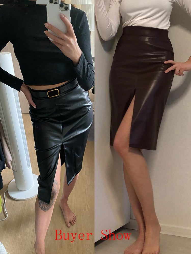 Liooil Women Faux Leather Slit Pencil Office Skirt - Jeglowstore