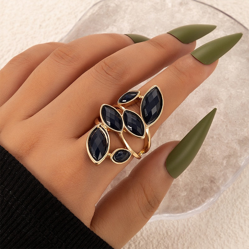 Antique Black Crystal Stone Opening Joint Adjustable Gothic Statement Ring