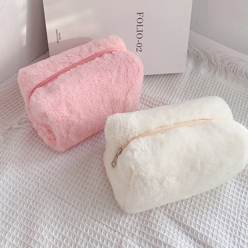 PURDORED 1 Pc Solid Color Fur Makeup Bag for Women Soft Travel Cosmetic Bag Organizer Case Young Lady Make Up Case Necessaries