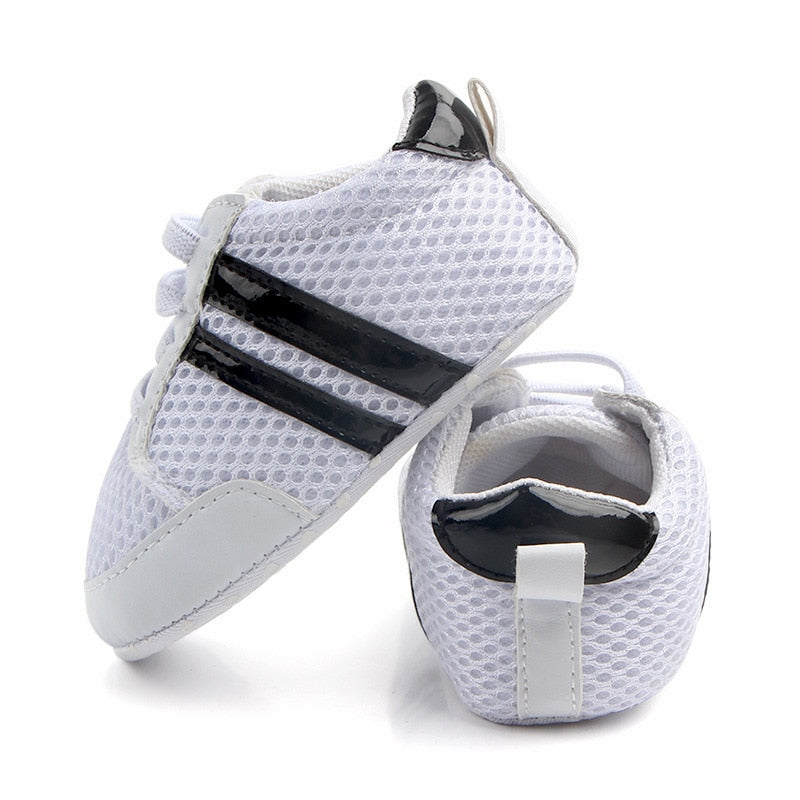 Baby Shoes Newborn Boys Sneaker Girls Two Striped First Walkers Kids Toddlers Lace Up PU Leather Soft Soles Sneakers 0-18 Months - Jeglowstore