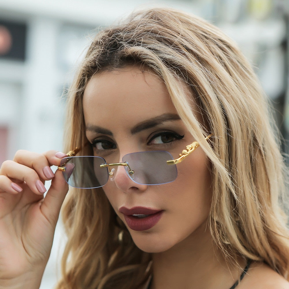 New Rimless Rectangle Vintage Metal Leopard Head Sunglasses