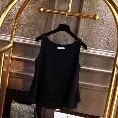 Summer Sleeveless Chiffon Shirt Solid V-neck Casual Blouse