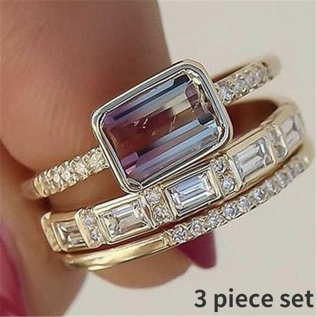 4 pcs/set Geometric Gold Color Combination Round Zircon Crystal Ring