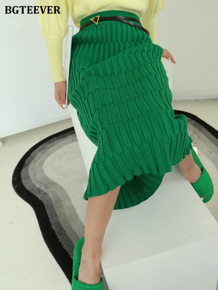BGTEEVER Elegant High Waist Slim Fit Zipper Mid-Calf Wrapped Knitted Skirt