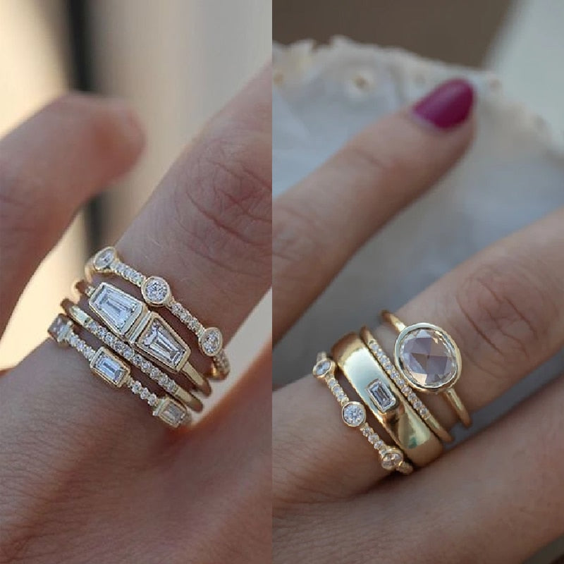4 pcs/set Geometric Gold Color Combination Round Zircon Crystal Ring